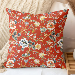 Rot- und gelbe Frühlingsblumen im Chinoiserie-Must Kissen