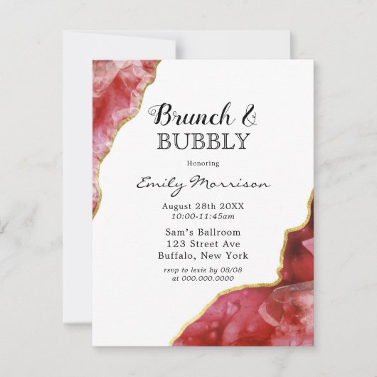 Rot und Gold Agate Crystals Brunch & Bubbly Einladung (Vorderseite)