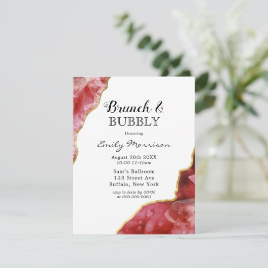 Rot und Gold Agate Crystals Brunch & Bubbly Einladung (Stehend Vorderseite)