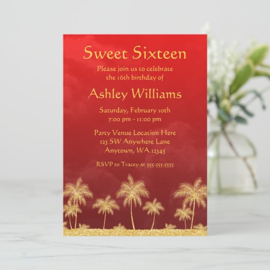 Rot und Gold Arabian Nights Süße 16 Einladungen (Stehend Vorderseite)