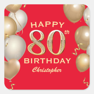 Rot und Gold Ballons der 80. Geburtstagsparty Quadratischer Aufkleber