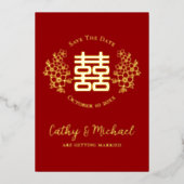 Rot und Gold doppelte Glückseligkeit Save the Date Folieneinladung (Vorderseite)
