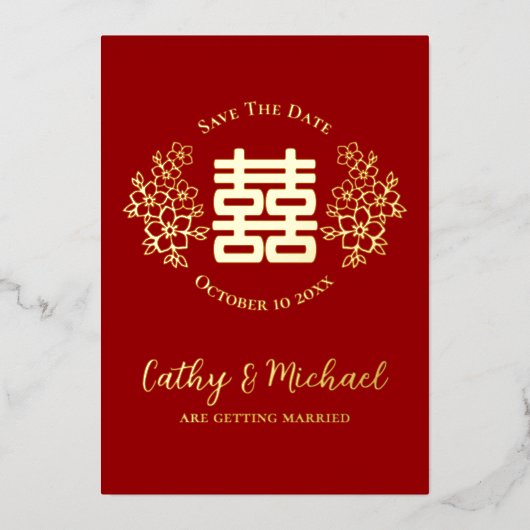 Rot und Gold doppelte Glückseligkeit Save the Date Folieneinladung (Vorderseite)