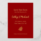 Rot und Gold doppelte Glückseligkeit Save the Date Folieneinladung (Rückseite)