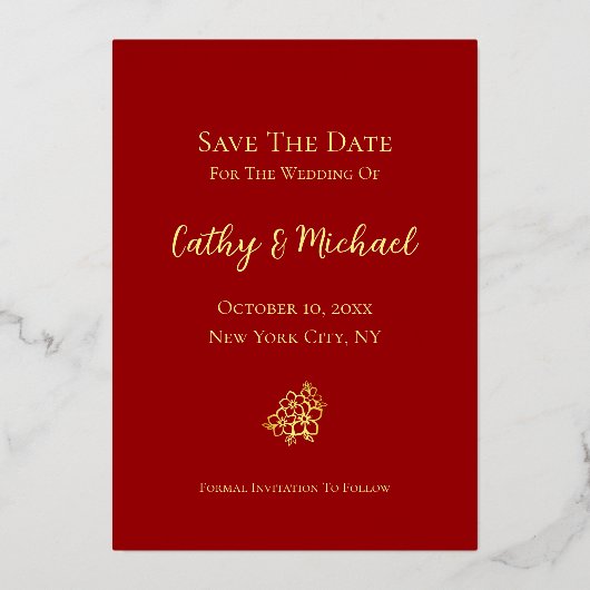 Rot und Gold doppelte Glückseligkeit Save the Date Folieneinladung (Rückseite)