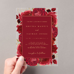 Rot und Gold Elegante Rose Klare Hochzeit Acryleinladungen