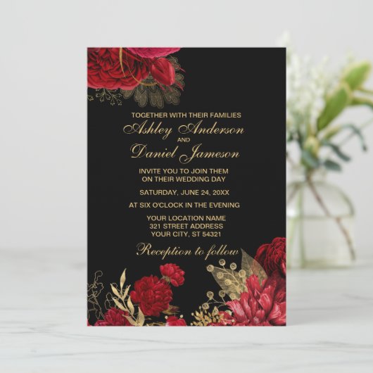 ROT UND GOLD ELEGANTE ROSE WEDING EINLADUNGEN (Stehend Vorderseite)