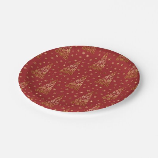 Rot und Gold Eleganter Weihnachtsbaum Pappteller (Schrägansicht)