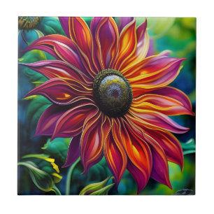 Rot und Gold filigrane Sonnenblume Fliese