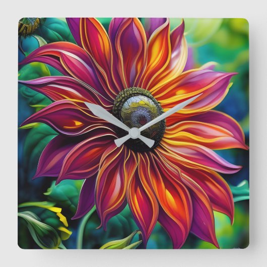 Rot und Gold filigrane Sonnenblume Quadratische Wanduhr (Vorderseite)