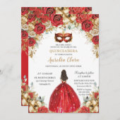 Rot und Gold Floral Masquerade Ball Quinceañera Einladung (Vorne/Hinten)