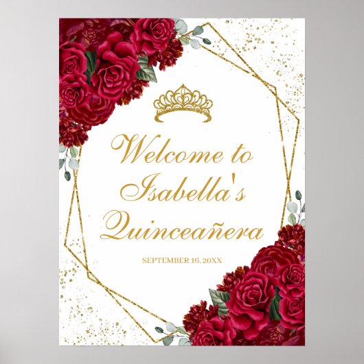 Rot und Gold Floral Quinceanera Begrüßungspposter Poster (Vorne)