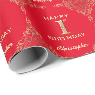 Rot und Gold Glitzer Rahmen zum 1. Geburtstag Geschenkpapier