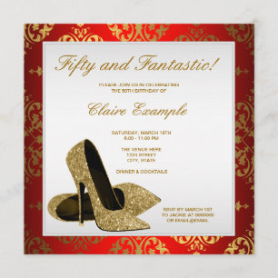 Rot und Gold High Heels Frauen 50. Geburtstag Einladung