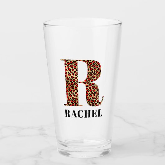 Rot und Gold Leopard Glam Monogram R Glas (Vorderseite)