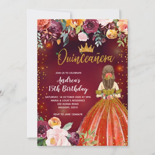 Rot und Gold mexikanische Prinzessin Quinceañera z Einladung (Vorderseite)