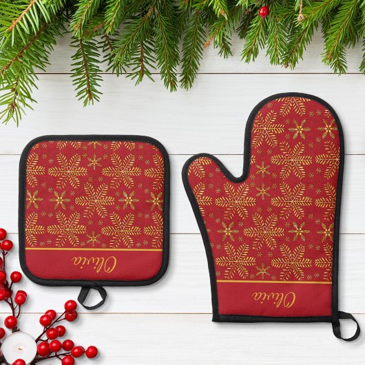 Rot und Gold Personalisiert Ofenhandschuh & Topflappen-Set