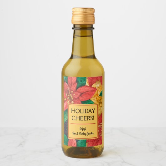 Rot und Gold Poinsettias Weihnachtsblume Mini Weinetikett (Vorderseite)