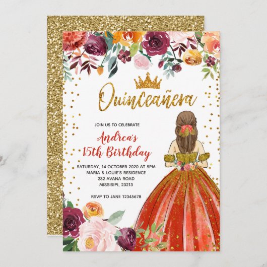 Rot und Gold Prinzessin Floral Quinceñera Geburtst Einladung (Vorne/Hinten)
