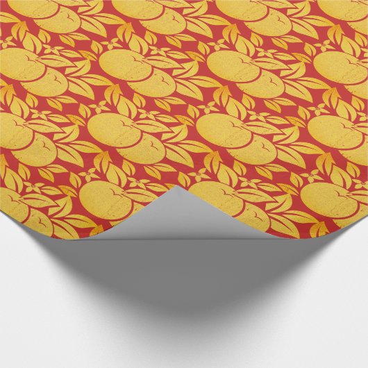 Rot und Gold stilisierte Orangen und Blüten Geschenkpapier (Ecke)