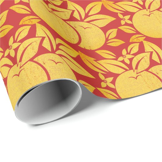 Rot und Gold stilisierte Orangen und Blüten Geschenkpapier (Rolleneckpunkt)