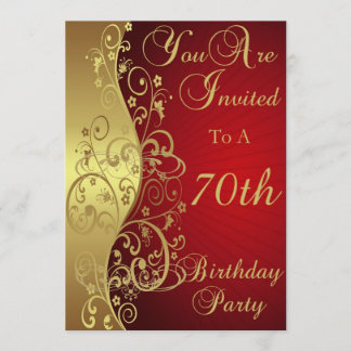 Rot und Gold Swirl 70. Geburtstagsparty Einladung