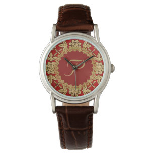 Rot und Gold Verziert Monogram Armbanduhr