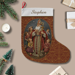 Rot und Gold Vintage Nadelstickerei St. Nikolaus Großer Weihnachtsstrumpf