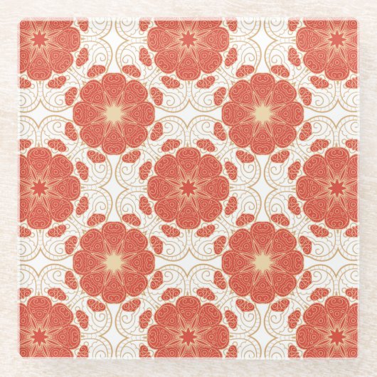 Rot und Goldblumenspitze-Muster Glasuntersetzer (Vorderseite)