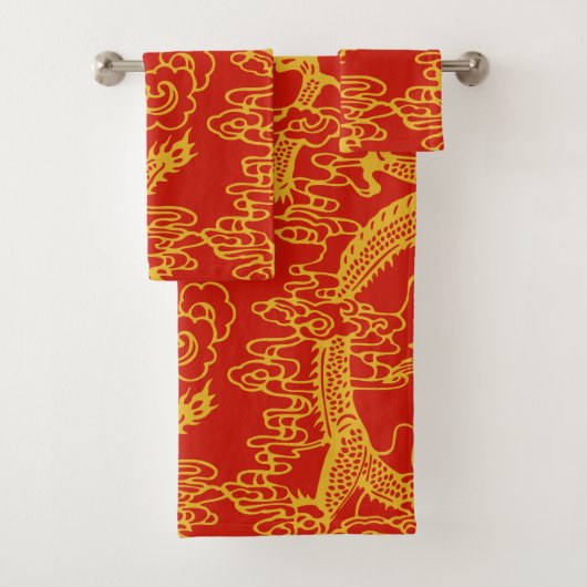 Rot und Goldchinesisches Drache-Muster Badhandtuch Set (Insitu)