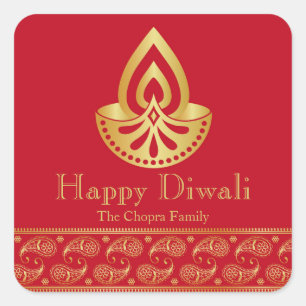Rot und GoldDiwali Party-Bevorzugung Quadratischer Aufkleber