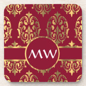 Rot und Goldmonogrammdamastmuster Untersetzer (Vorderseite)