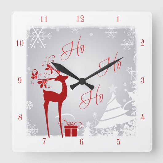 Rot und Grau Ho Ho Weihnachtszeit mit Hirsch Quadratische Wanduhr (Vorderseite)