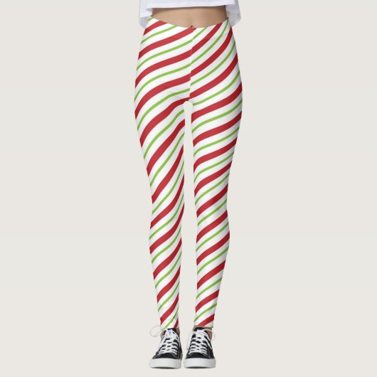 Rot und Grün-Diagonal-Striptes Candy Cane Muster Leggings (Vorderseite)