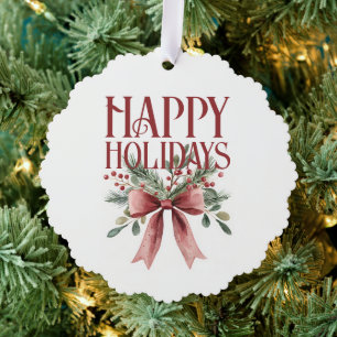 Rot und Grün Elegant Bow Greenery Happy Holidays Ornament Karte