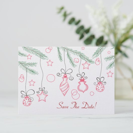 Rot und Grün - Festliche Ornamente Save the Date (Stehend Vorderseite)