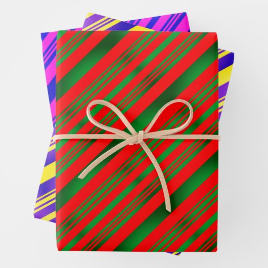 Rot und Grün, Gelb und Lila, Blau und Rosa Geschenkpapier Set (Beispiel)