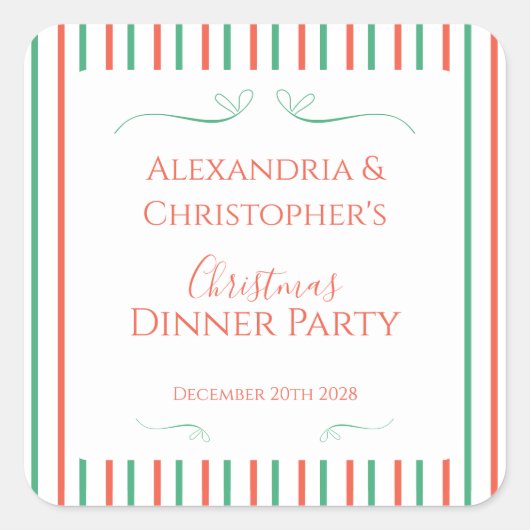 Rot und Grün gestreifte Weihnachts-Dinnerparty Quadratischer Aufkleber (Vorderseite)