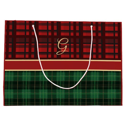 Rot und Grün Kariert mit Gold Initial Große Geschenktüte (Rückseite)