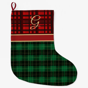 Rot und Grün Kariert mit Gold Initial Großer Weihnachtsstrumpf