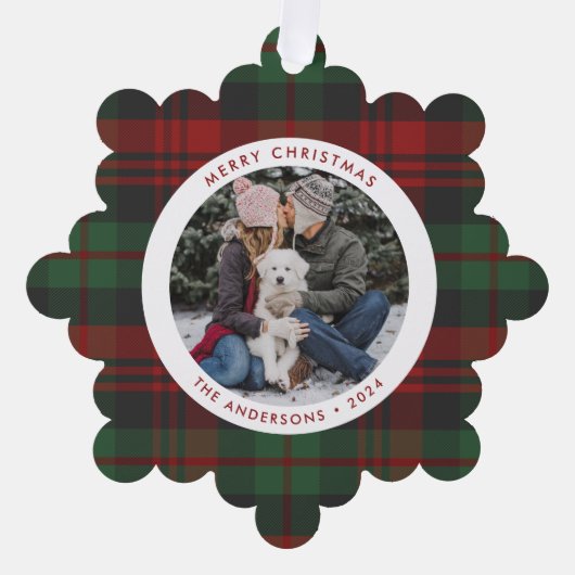 Rot und grün Karierter Single Foto Urlaub Ornament Karte (Vorderseite)