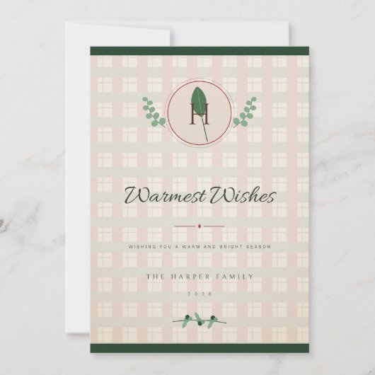 Rot und Grün Lorbeer-Monogramm-Weihnachtskarte (Vorderseite)