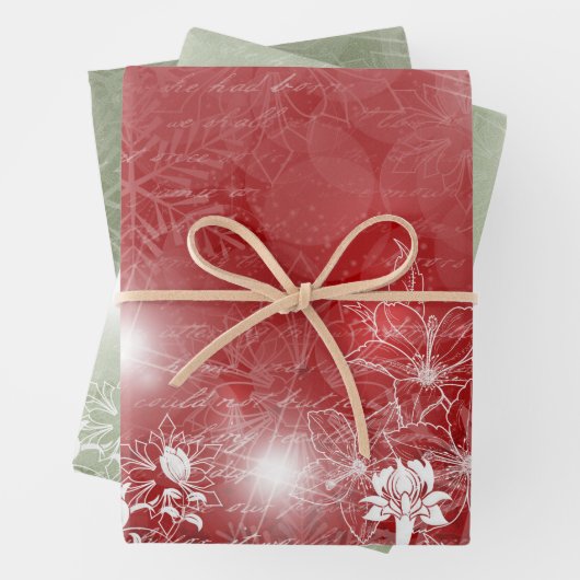 Rot und Grün mit weißer Poinsettia und Blume Geschenkpapier Set (Beispiel)