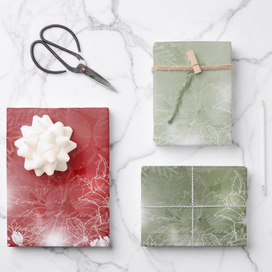 Rot und Grün mit weißer Poinsettia und Blume Geschenkpapier Set (Vorderseite)
