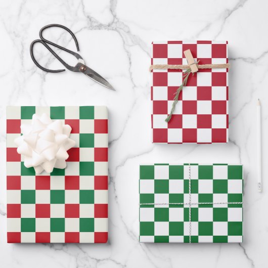Rot und Grün Retro Karo Geschenkpapier Set (Vorderseite)