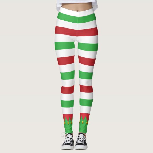 Rot und Grün Streifen Niedlich Elf Weihnachtsfeier Leggings (Vorderseite)