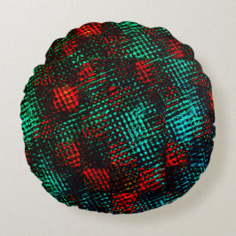 Rot und grünlich blau, gekratzte Quadrate oder Wür Rundes Kissen