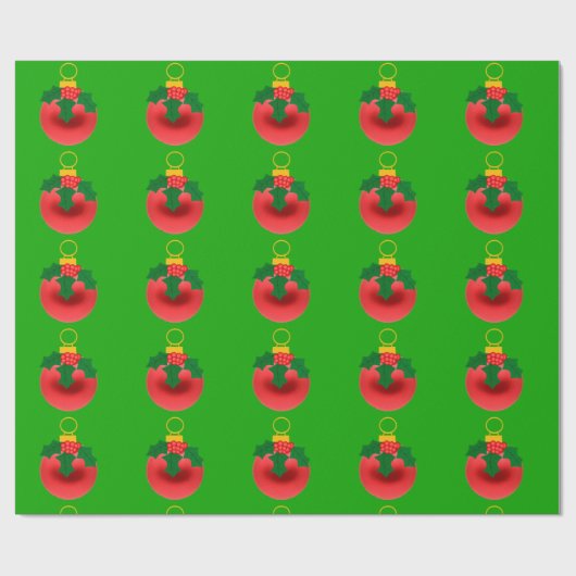Rot und Holly Ornament auf grünem Umschlagpapier Geschenkpapier (Flach)