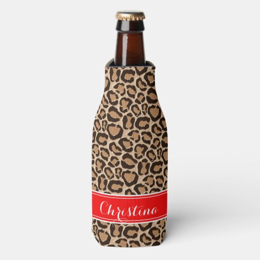 Rot und Leopard Print Custom Monogram Flaschenkühler (Flaschenvorderseite)
