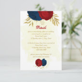 Rot- und Marineblumen Goldblumen Blätter Hochzeit Begleitkarte (Stehend Vorderseite)